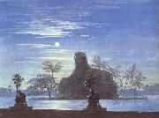 Karl friedrich schinkel The Garden of Sarastro by Moonlight with Sphinx,decor for Mozart-s opera Die Zauberflote oil painting reproduction